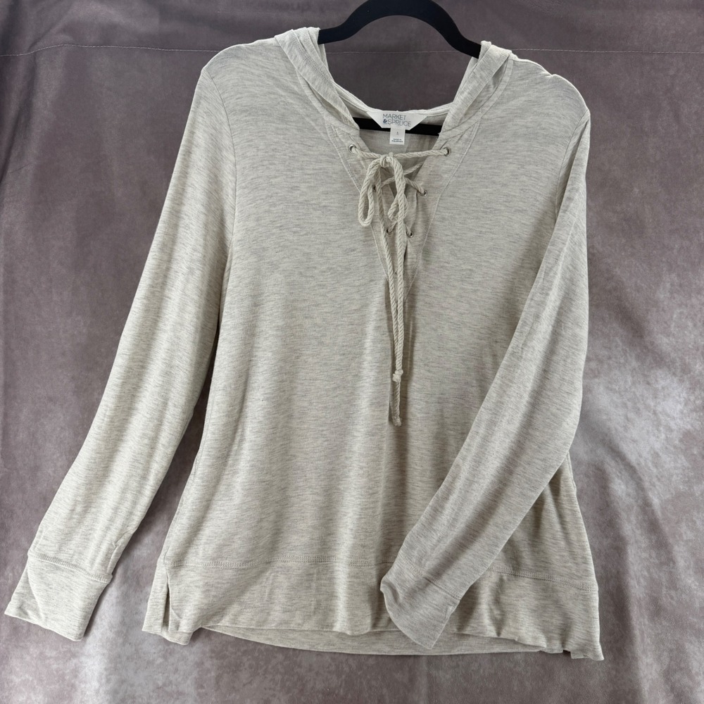 Market & Spruce Womens Lace Up Hoodie Heathered Oatmeal Beige Size L Softcore